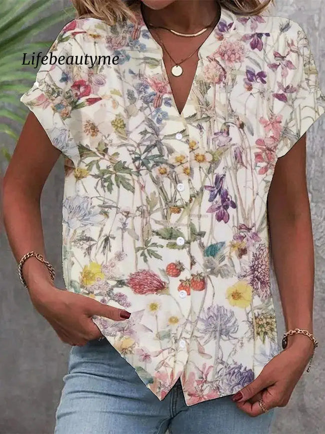 Women’s Colorful Elegant Flowers Print Casual Shirt Multicolor / S