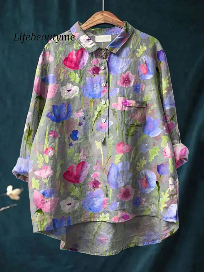 Women’s Colorful Flower Print Casual Cotton And Linen Shirt Multicolor / S
