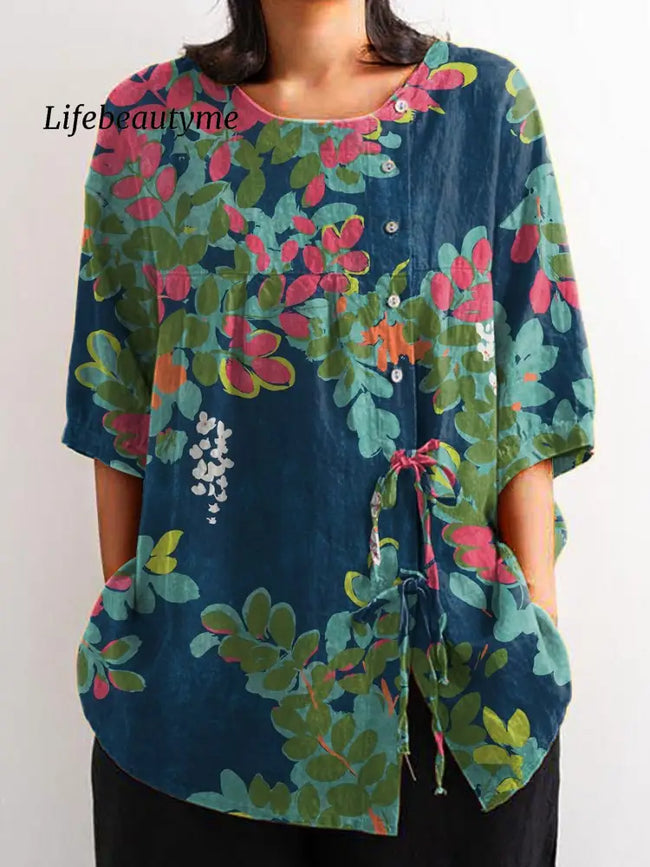 Women’s Flower Print Casual Cotton And Linen Shirt Multicolor / S