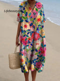 Women’s Flower Watercolor Splash Fluid Art Print Flowy Dress Multicolor / S