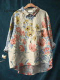 Women’s Vintage Floral Art Print Casual Cotton And Linen Shirt Multicolor / S