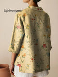 Women’s Vintage Floral Art Print Casual Linen Cotton 3/4 Sleeve Shirt