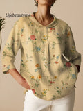 Women’s Vintage Floral Art Print Casual Linen Cotton 3/4 Sleeve Shirt Multicolor / S