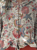 Women’s Vintage Floral Art Print Hooded Drawstring Linen Casual Blouse