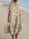 Women’s Vintage Floral Art Print Pocket Linen Dress（Convertible Dress With Front And Back