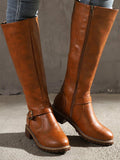 Vintage Round Toe Buckle Tall Boots Chunky Heel Riding Boots