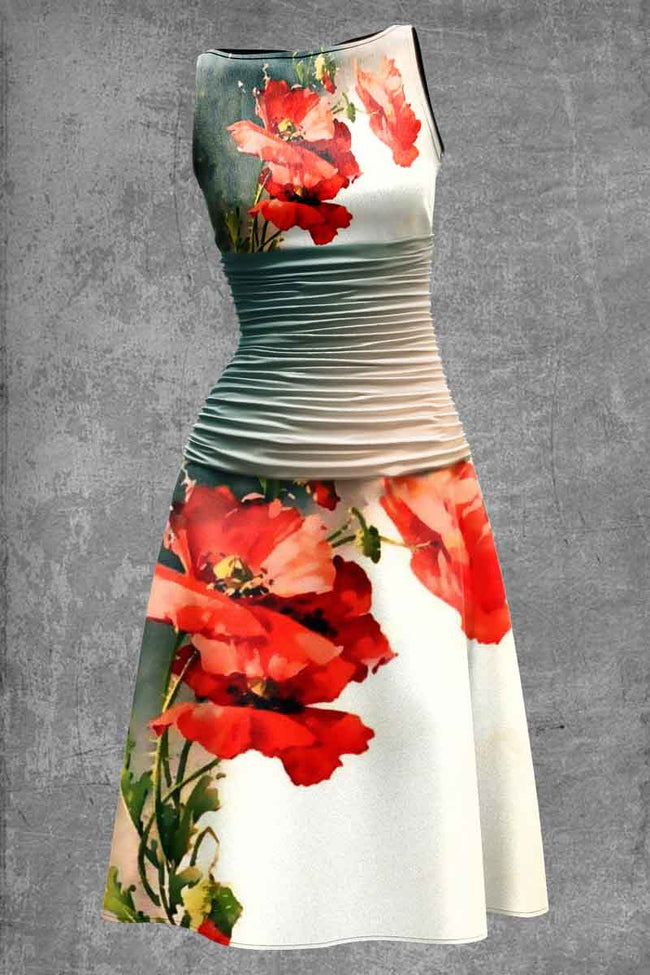 Floral Print Sleeveless Casual tummy-coverage Midi Dress