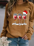 Christmas Wine Glasses Women's Casual Abstract Crew Neck Sweatshirts