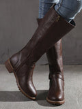 Vintage Round Toe Buckle Tall Boots Chunky Heel Riding Boots