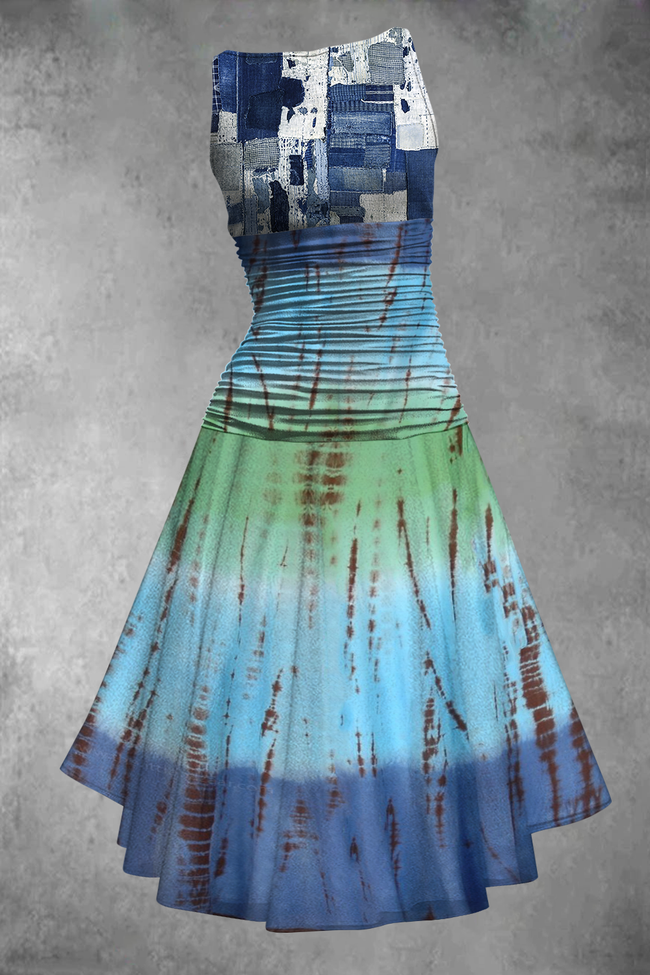 Women's Blue Ombre Tie Dye Denim Faux Print Sleeveless Casual Midi Dress