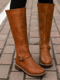 Vintage Round Toe Buckle Tall Boots Chunky Heel Riding Boots