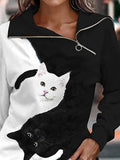 Casual Cat Print Zip Long Sleeve Sweatshirt