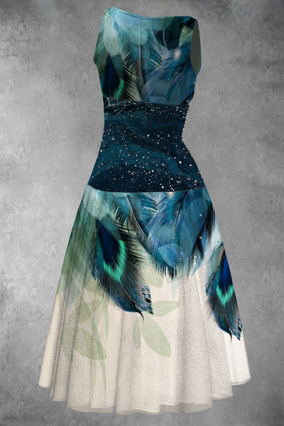 Women's Starry Blue Peacock Feather Print Sleeveless Round Neck Midi Dress