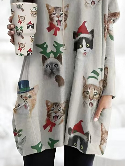 Weihnachten Lässig Rundhals Katze Kleider
