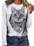 Round Neck Casual Loose Cat Print Sweatshirt