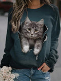 Round Neck Casual Loose Cat Print Sweatshirt