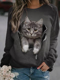 Round Neck Casual Loose Cat Print Sweatshirt