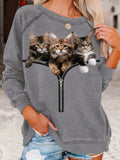 Round Neck Casual Loose Cat Print Sweatshirt