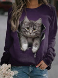 Round Neck Casual Loose Cat Print Sweatshirt