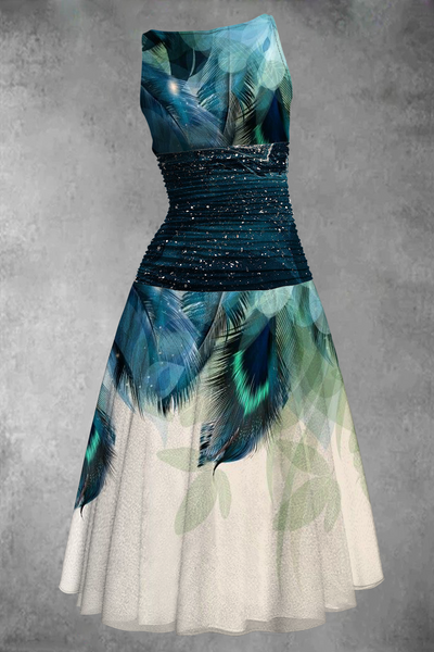 Women's Starry Blue Peacock Feather Print Sleeveless Round Neck Midi Dress