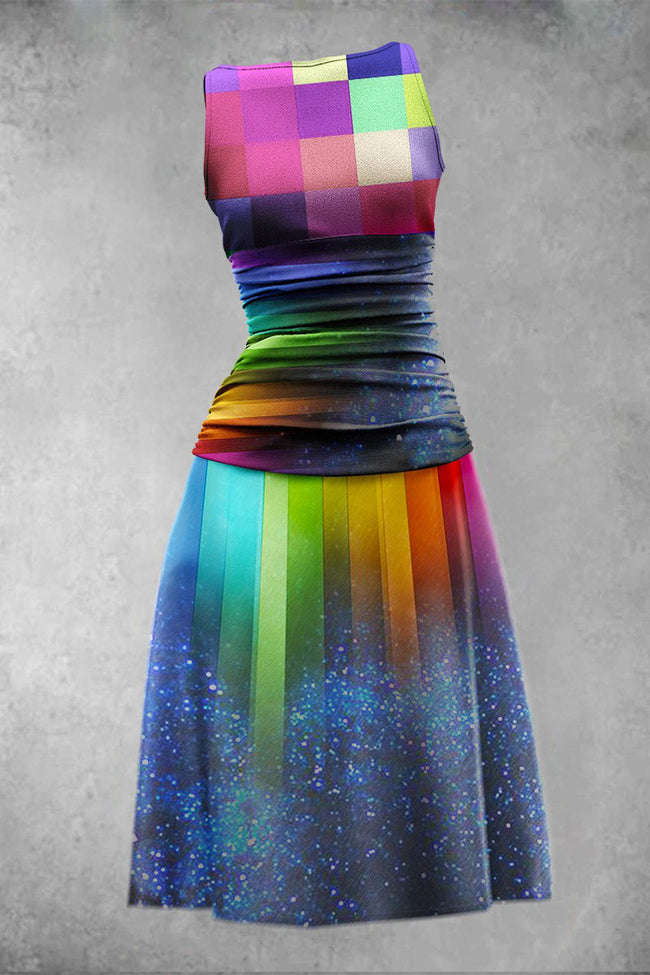 Women's Retro Rainbow Plaid Print Clash Casual Sleeveless Dress