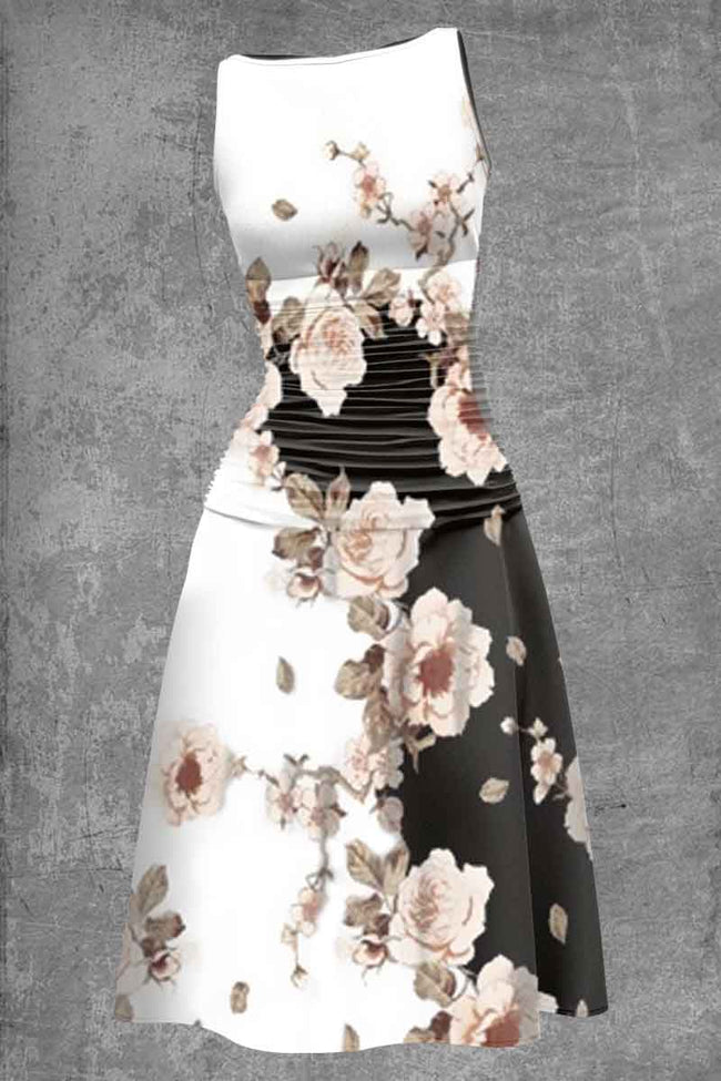 Black and White Color Block Floral Print Sleeveless Casual Midi Dress