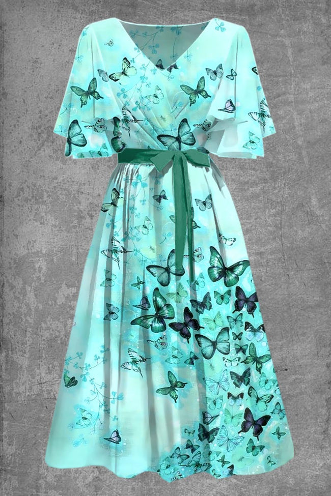 Women'S Butterfly Art Temperament Slim Light Green V-Neck Midi Dress