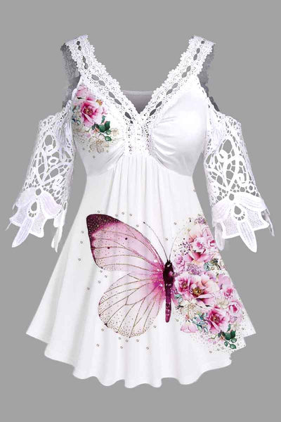 Pink butterfly floral print Lace Plus Size Guipure Panel Cold Shoulder T-shirt