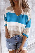 Casual Striped Patchwork V Neck Tops(3 colors)