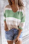 Casual Striped Patchwork V Neck Tops(3 colors)