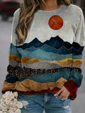 Casual Color-block Landscape Print Crew Neck Top