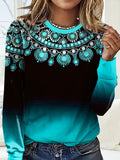 Casual Color-block Landscape Print Crew Neck Top