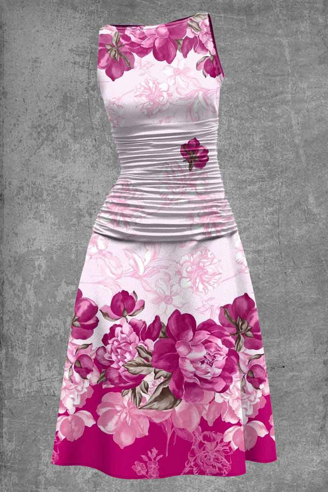 Peony Flower Print Sleeveless Casual Midi Dress