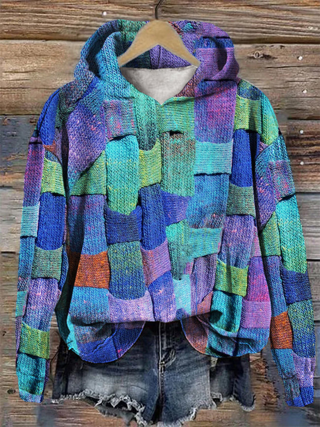 Colorblock Knit Art Cozy Hoodie