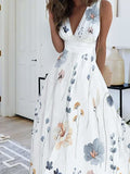 Women's Elegant Floral Print V-Neck Long Dress