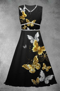 Black Gilt Butterfly Art Print Round Neck Sleeveless Long Resort Dress