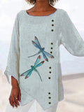 Casual printed dragonfly Paneled V Neck Solid 3/4 Sleeve Shirts & Tops