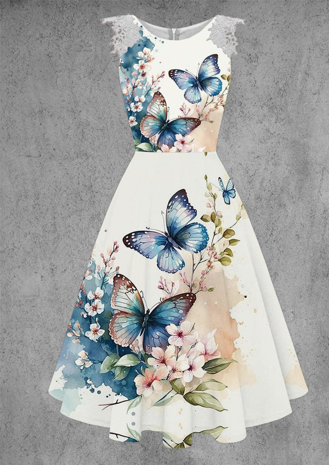 BUTTERFLY ART PRINT WOMEN'S LACE SIMPLY VINTAGE DRESS