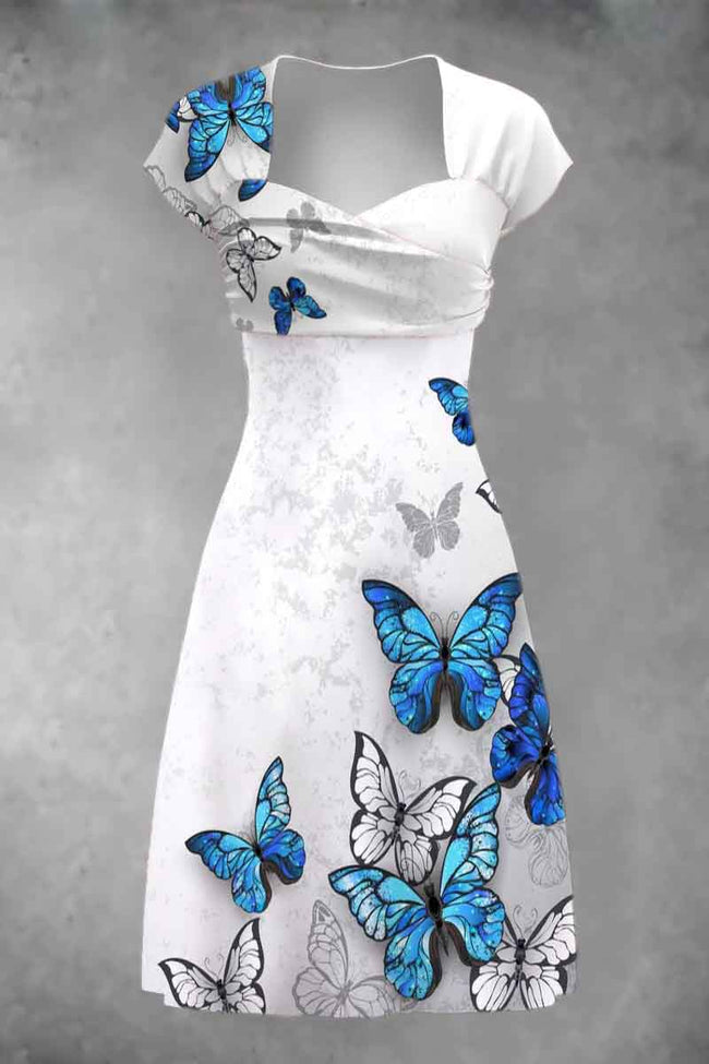 Blue butterfly pattern white  Artistic Patchwork Casual Midi Dress