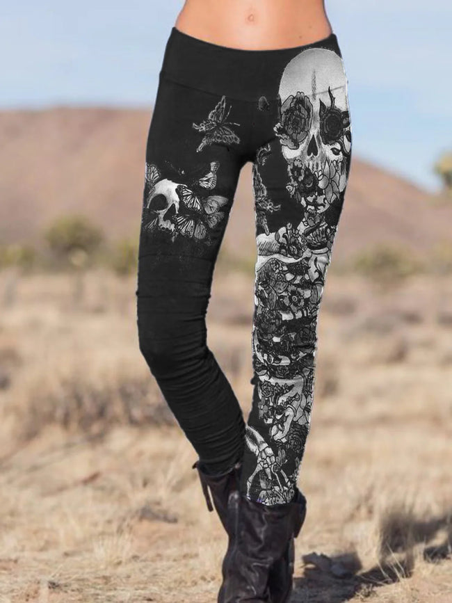 Butterfly skull punk print casual stretch pants