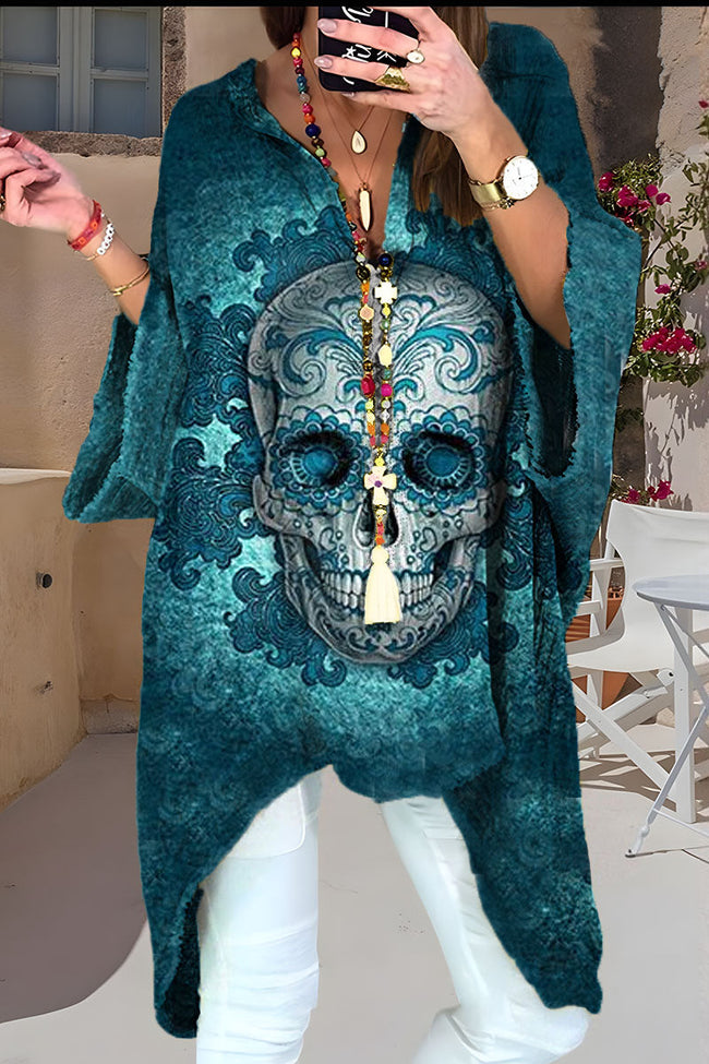 Women's Skull Pattern Loose Casual V-Neck Long Green Top