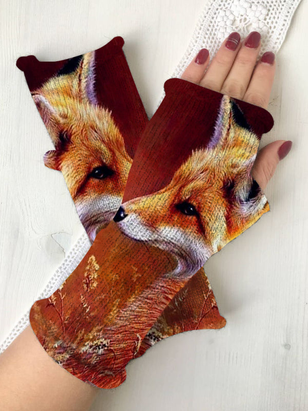 (Ship within 24 hours)Retro fox casual print knit fingerless gloves