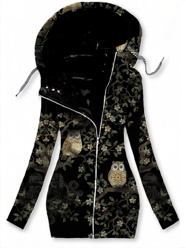 Casual flower owl print hooded zipper coat