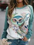 Vintage Print Casual Loose Sweatshirt Cute Owl Graphic Printed Pullover