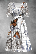 Flowers Butterfly Preppy Art Print Temperament Slim V-neck Midi Dress