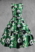 Women'S Printed Panda Print Sleeveless Green Dress