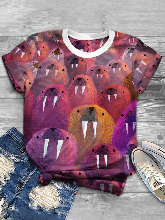 Women's Casual Whopping Whiskery Walruses Print T-Shirt