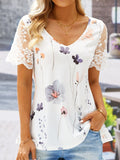 Floral V Neck Lace Casual T-Shirt