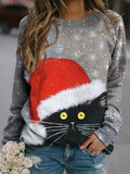 Christmas Cat Print Long-sleeved Round Neck T-shirt