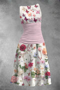 Flower Butterfly Art Exhibition Print Sleeveless Casual Midi Dress